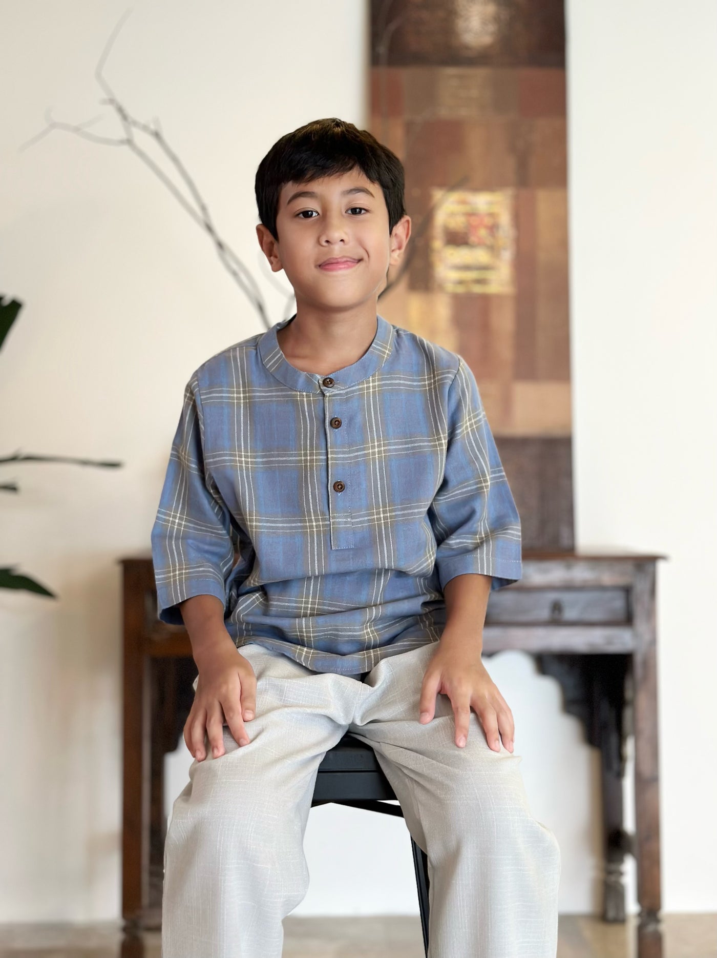 OLIVER Henley Shirt in Blue Tartan