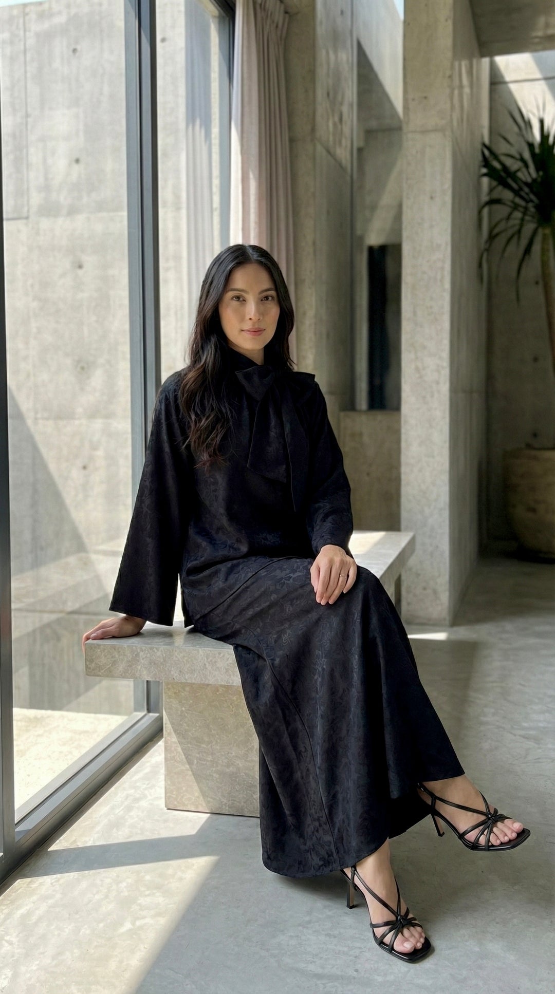 JAMILA Bow-tie Blouse & Skirt Set in Charcoal