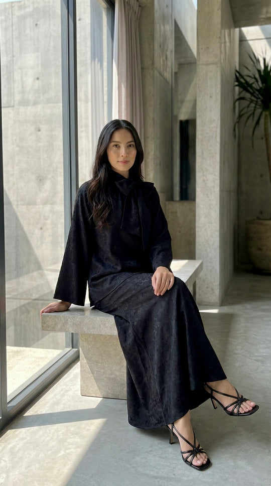 JAMILA Bow-tie Blouse & Skirt Set in Charcoal