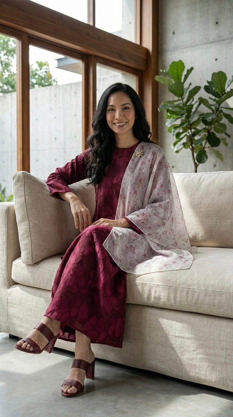 EMBUN Long Kurung Set in Maroon
