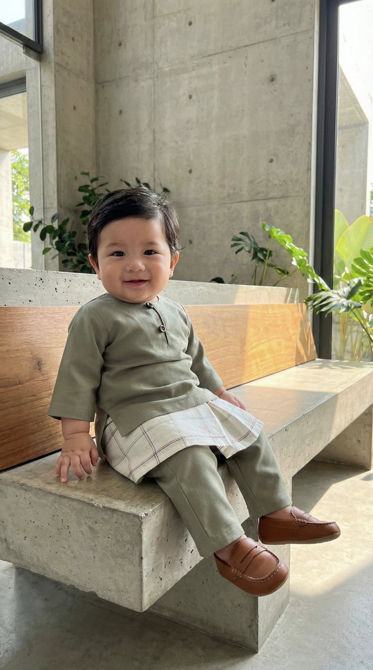 QAID Baby’s Teluk Belanga Baju Melayu Set in Sage