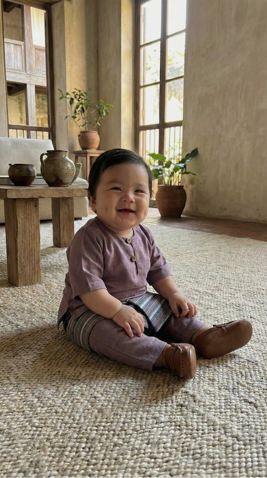 QAID Baby’s Teluk Belanga Baju Melayu Set in Desert Blush