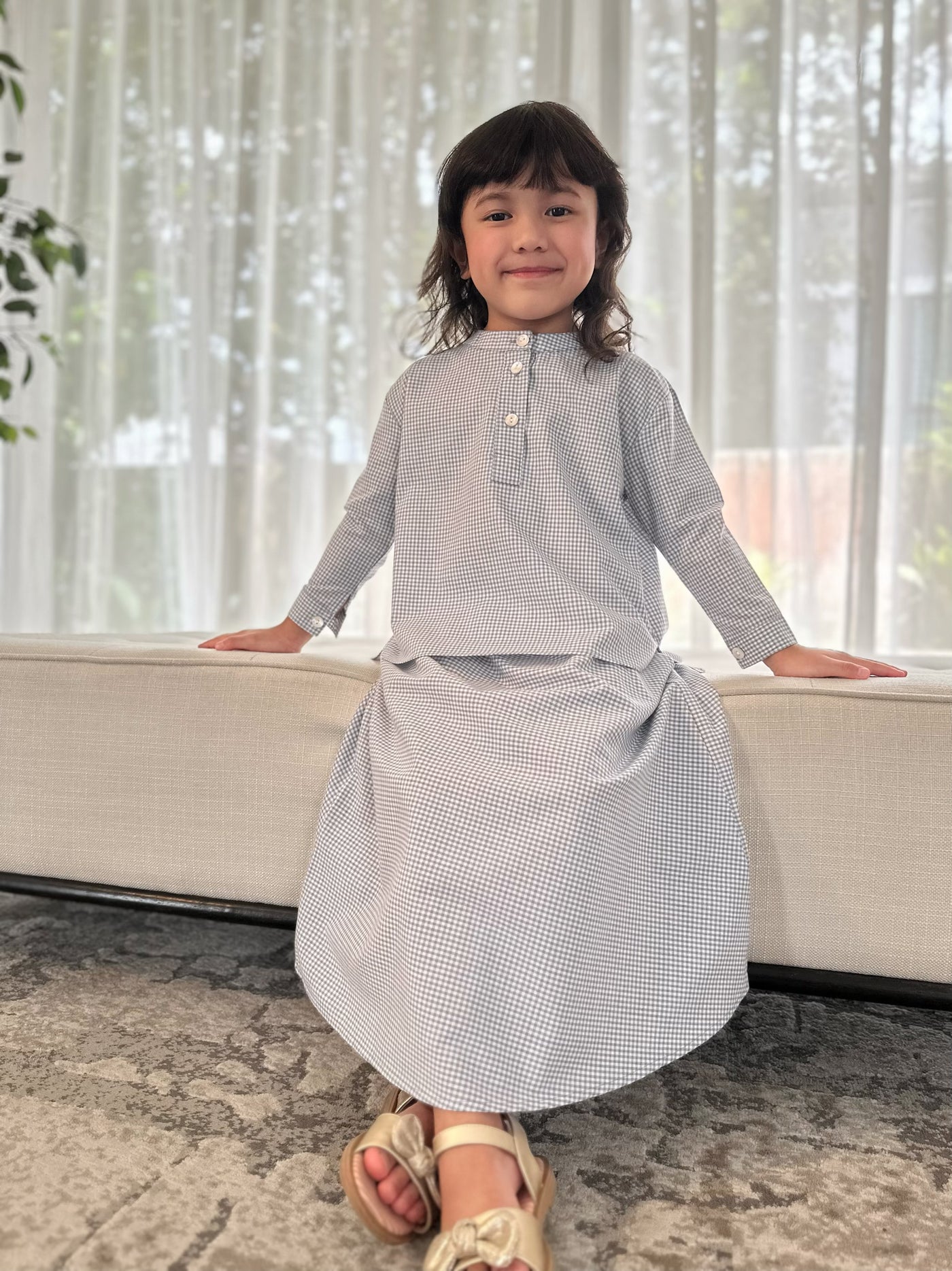 CLAIRE Blouse & Skirt Set in Blue Gingham