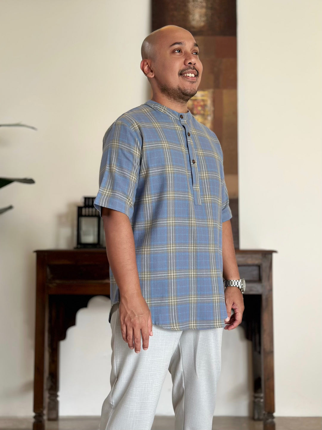 NOLAN Henley Shirt in Blue Tartan
