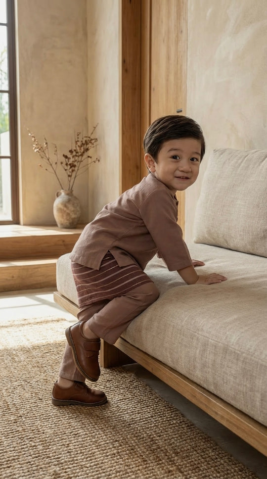 QAID Baby’s Teluk Belanga Baju Melayu Set in Clay Brown