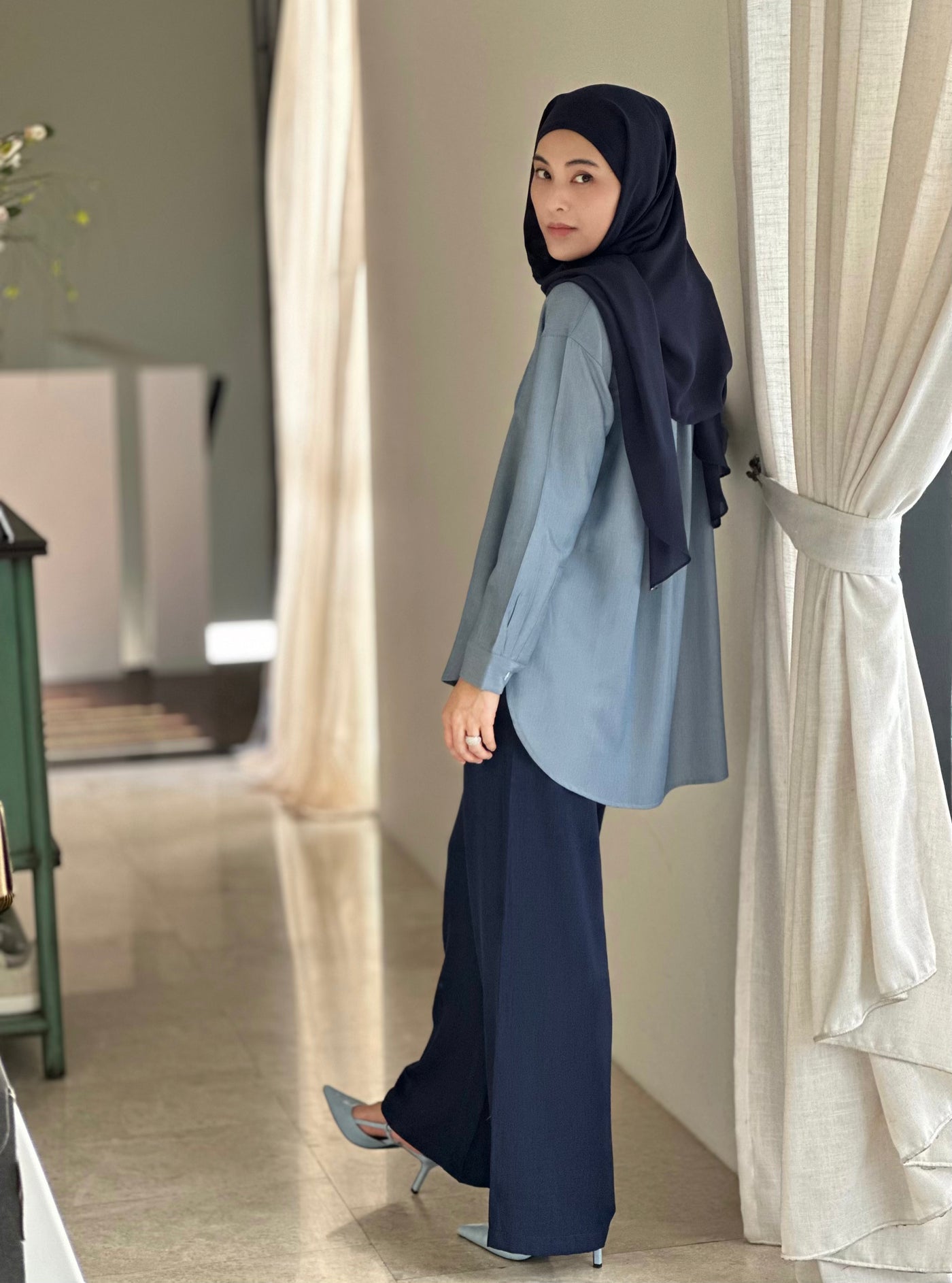 ALMA Asymmetric Blouse in Dusty Blue (Top Only)