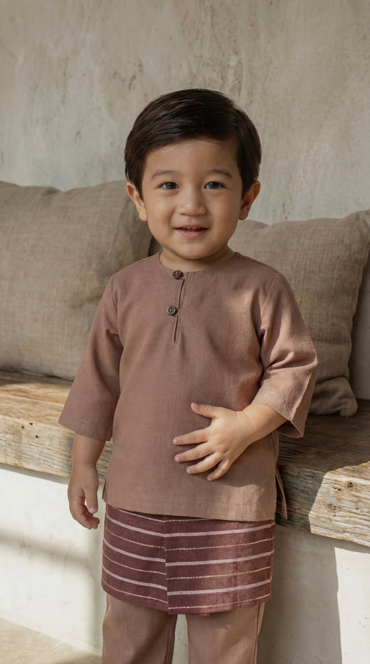 QAID Baby’s Teluk Belanga Baju Melayu Set in Clay Brown