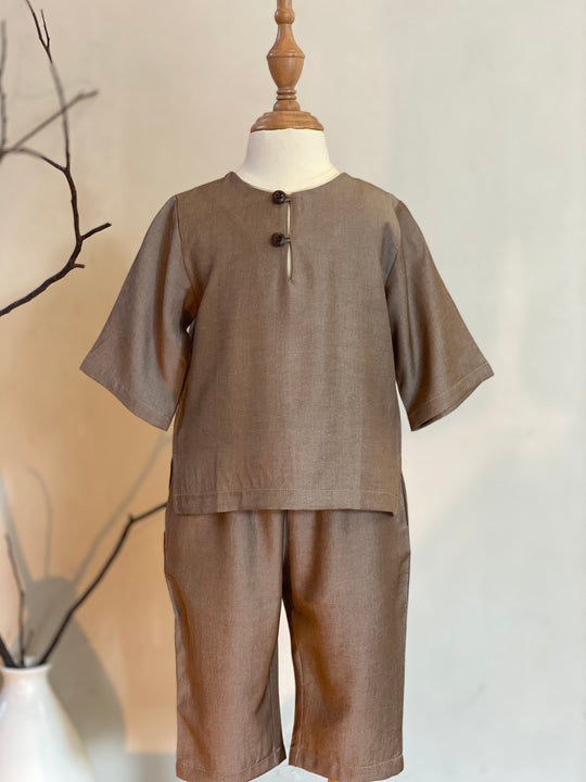 QAID Baby’s Teluk Belanga Baju Melayu Set in Taupe