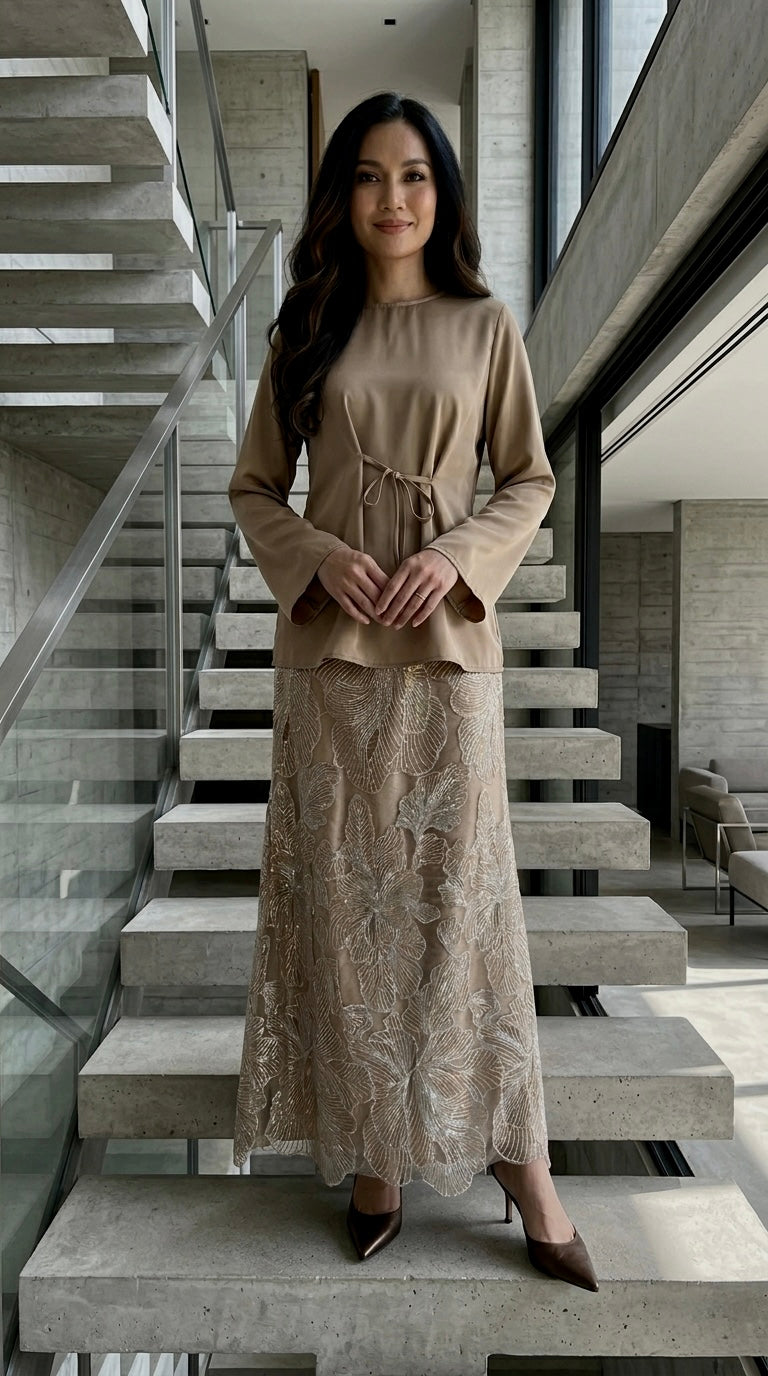 MONA Blouse & Skirt Set in Gilded Taupe