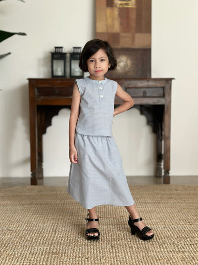 CLAIRE Blouse & Skirt Set in Blue Gingham