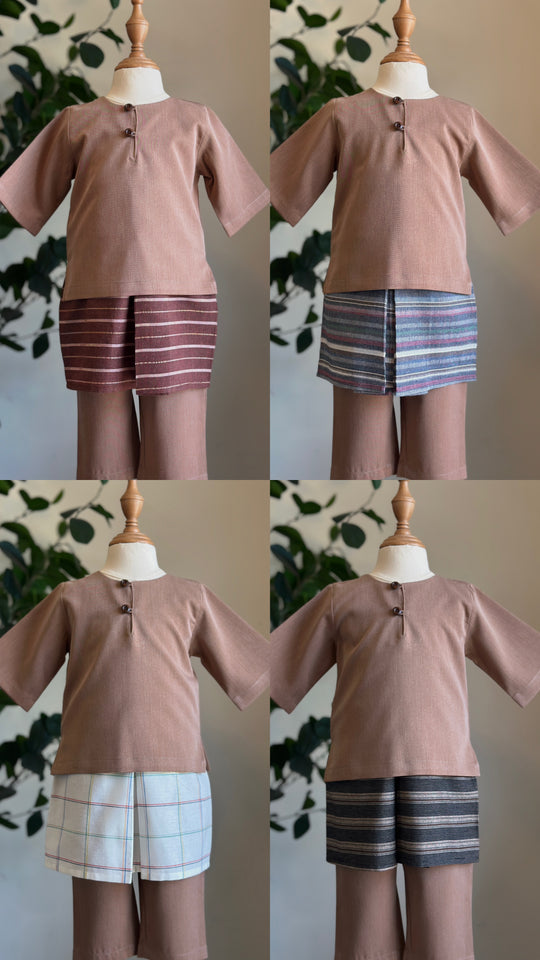 QAID Baby’s Teluk Belanga Baju Melayu Set in Clay Brown