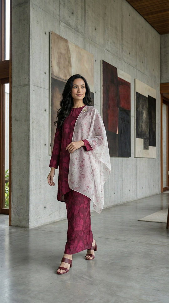 EMBUN Long Kurung Set in Maroon