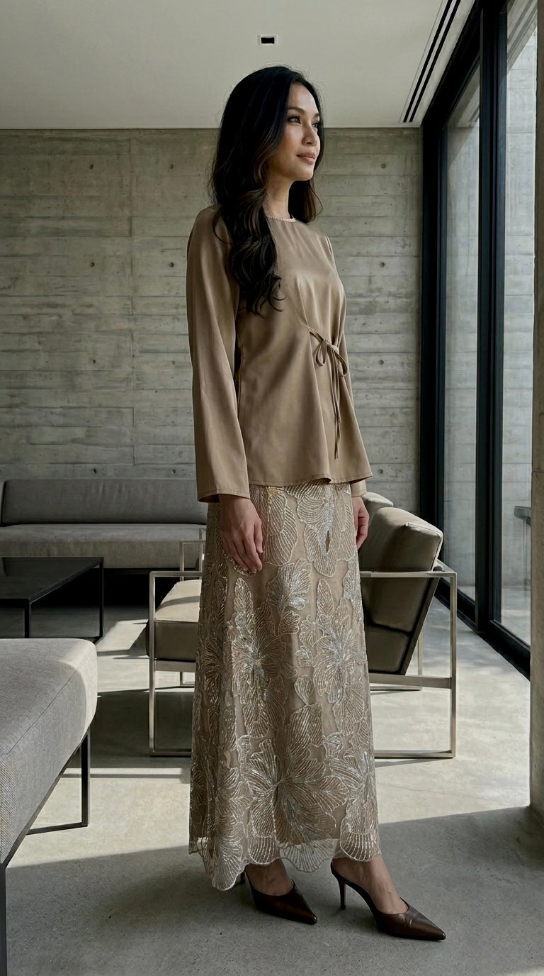 MONA Blouse & Skirt Set in Gilded Taupe