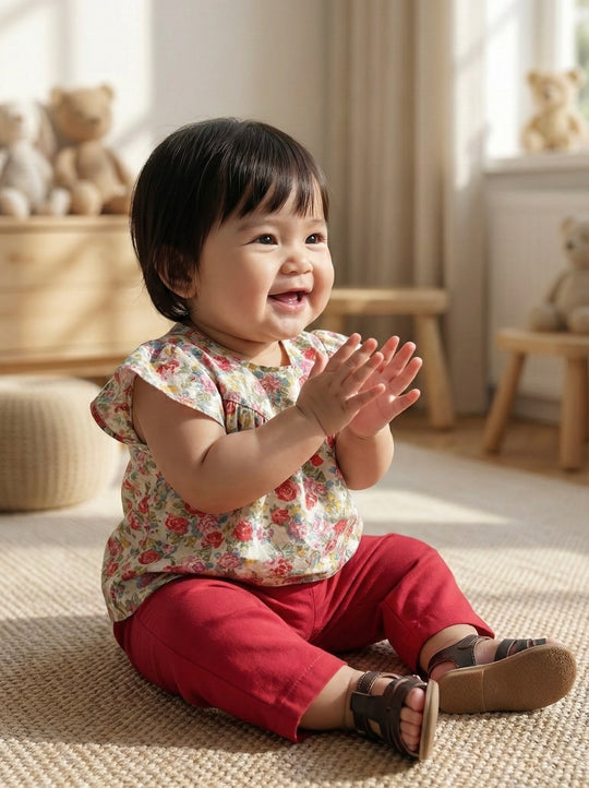 KEKWA Baby's Blouse & Pants Set in Red Rose