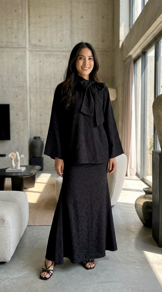 JAMILA Bow-tie Blouse & Skirt Set in Charcoal