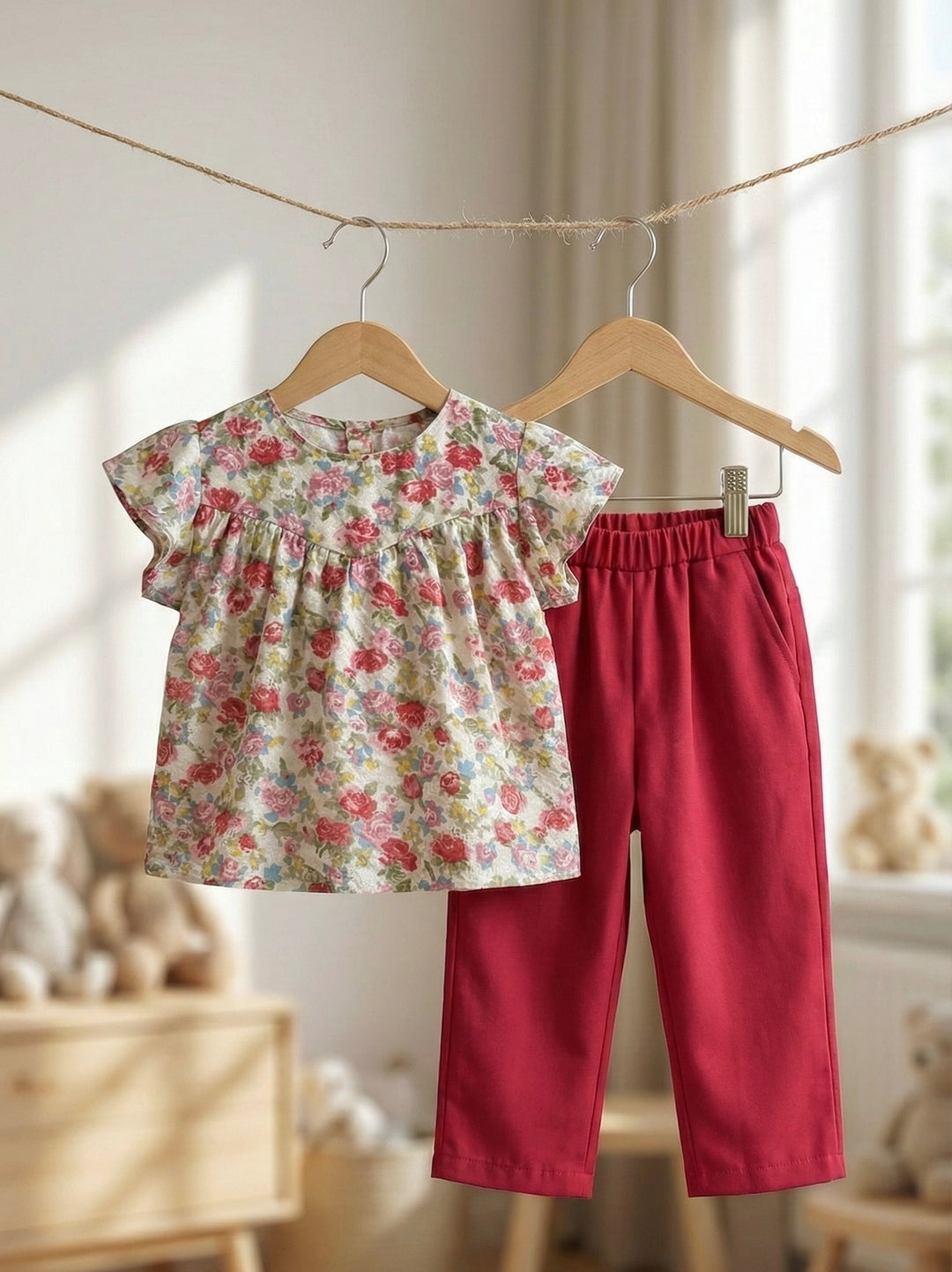KEKWA Baby's Blouse & Pants Set in Red Rose