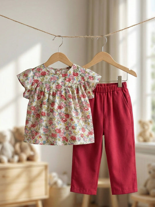 KEKWA Baby's Blouse & Pants Set in Red Rose