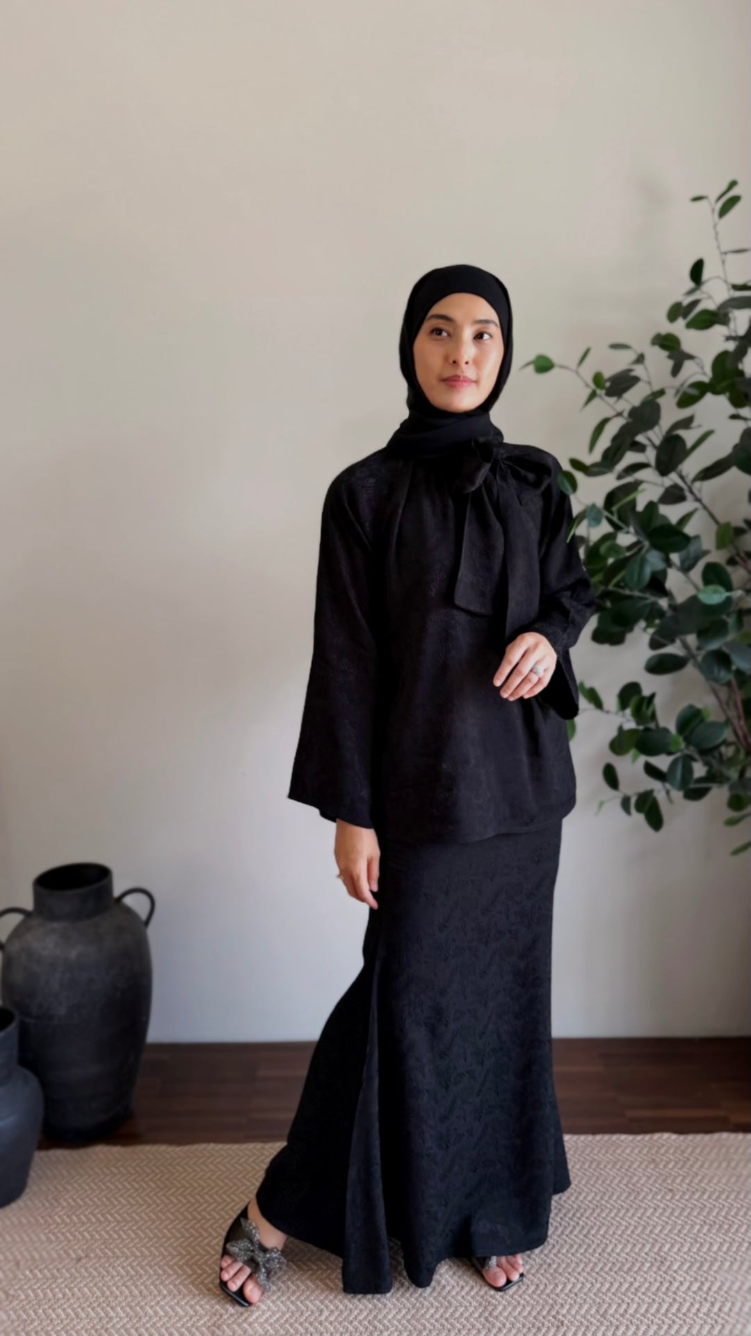 JAMILA Bow-tie Blouse & Skirt Set in Charcoal