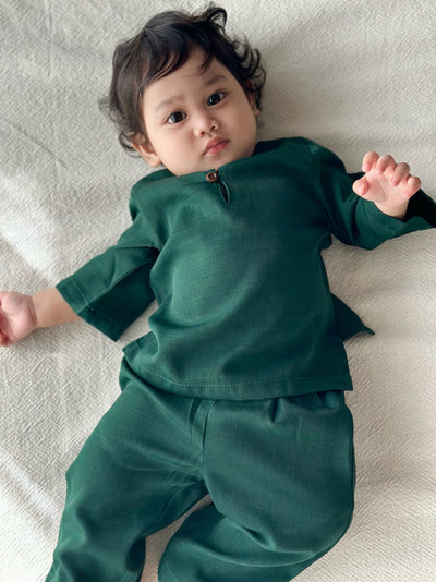 QAID Baby’s Teluk Belanga Baju Melayu Set in Emerald Green