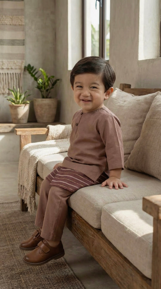 QAID Baby’s Teluk Belanga Baju Melayu Set in Clay Brown