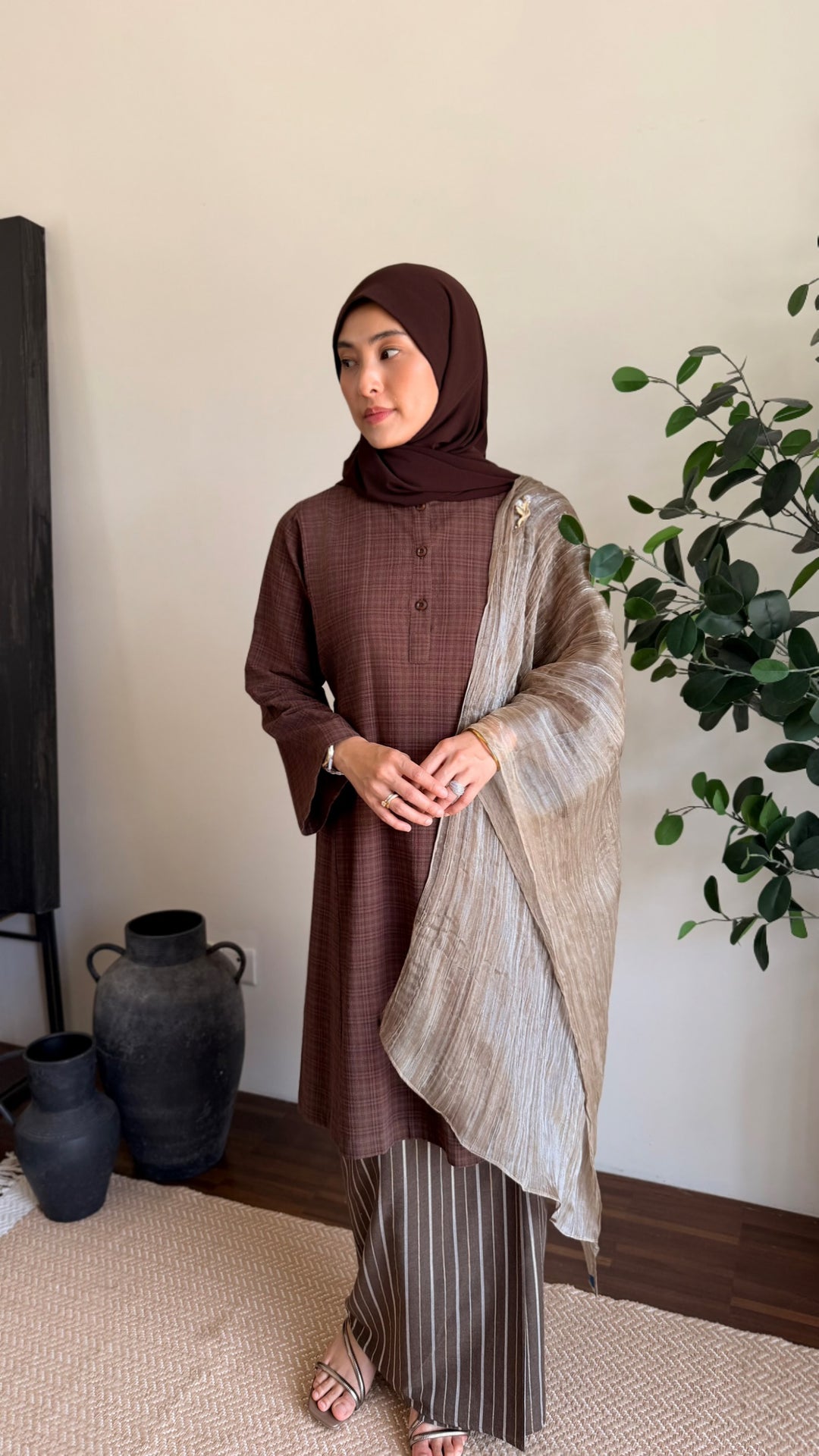 DAYANG Riau Kurung Set in Brown Gingham