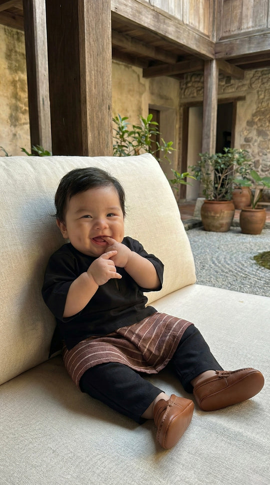 QAID Baby’s Teluk Belanga Baju Melayu Set in Charcoal