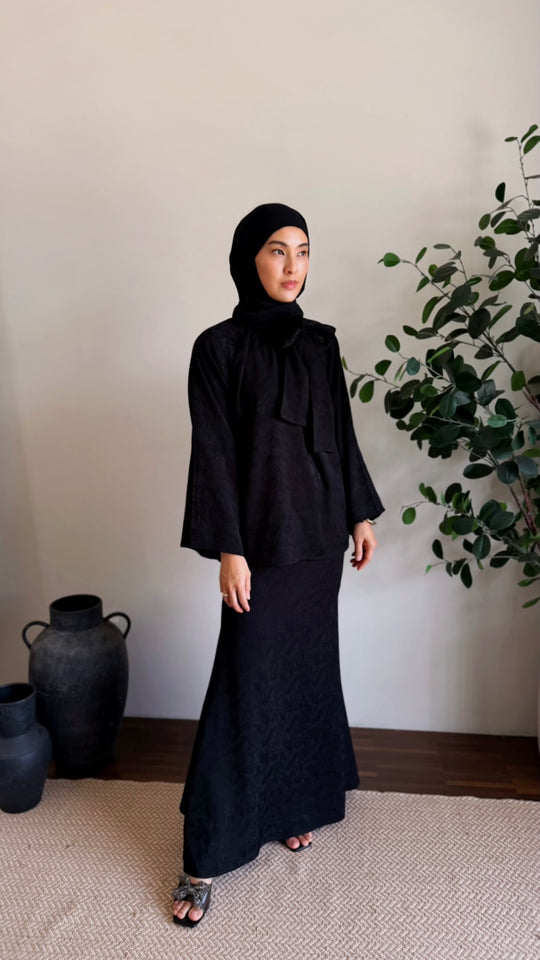 JAMILA Bow-tie Blouse & Skirt Set in Charcoal