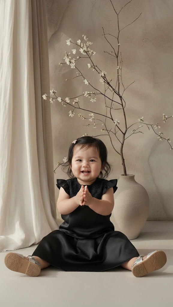Child in a black dress sitting on the floor with a vase of branches in the background
