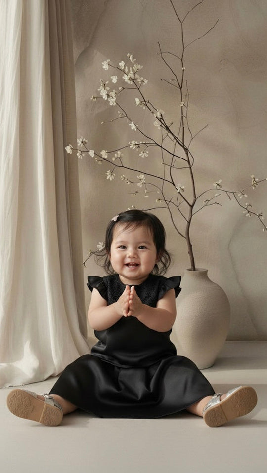 Child in a black dress sitting on the floor with a vase of branches in the background