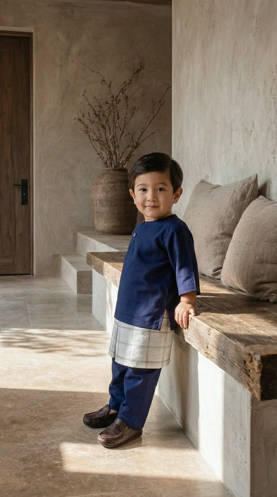 QAID Baby’s Teluk Belanga Baju Melayu Set in Midnight Blue