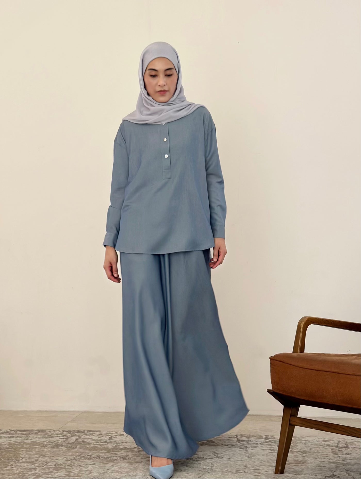 EDEN Flared Maxi Skirt in Dusty Blue