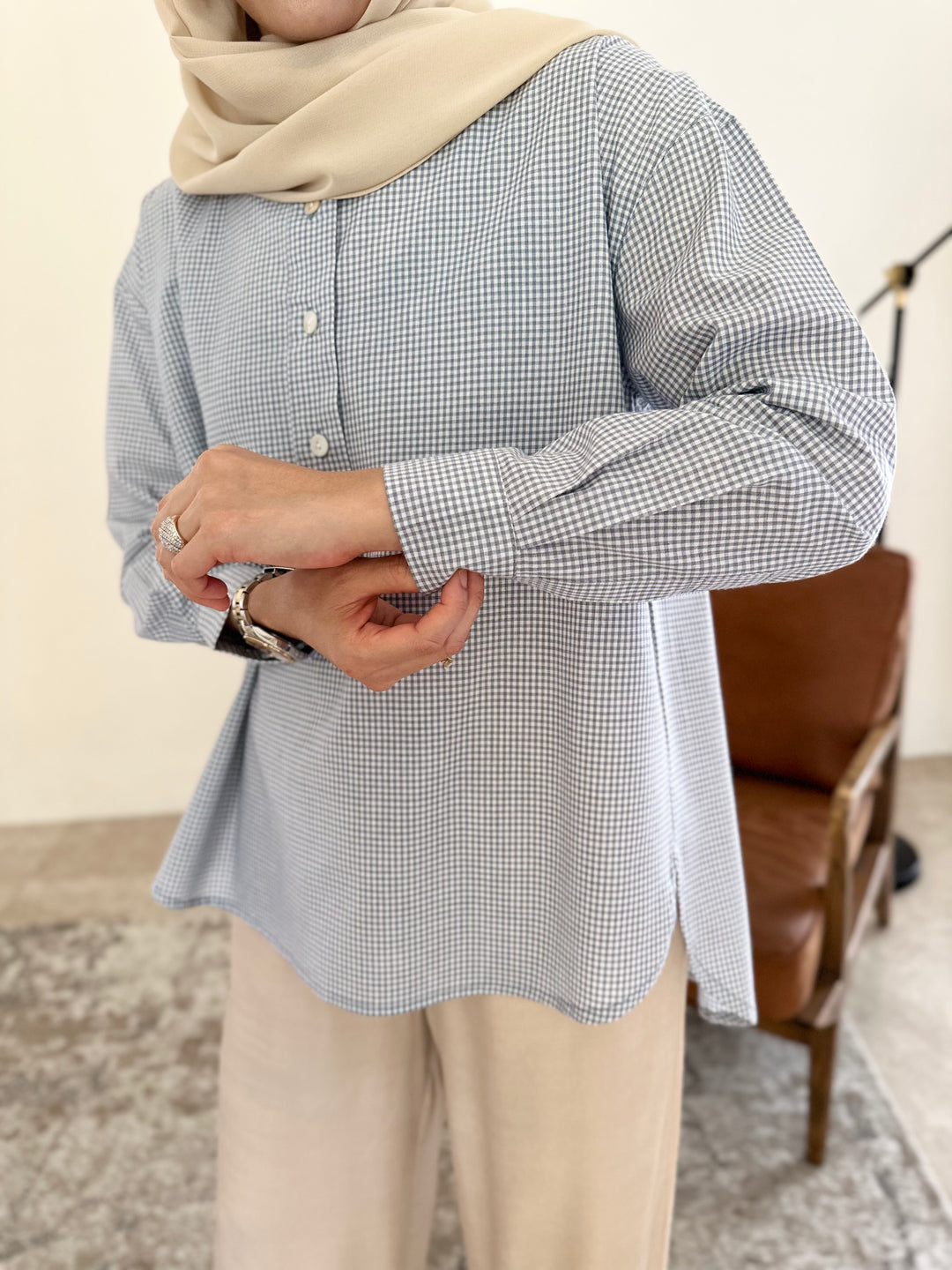 ALMA Asymmetric Blouse in Blue Gingham (Top Only)