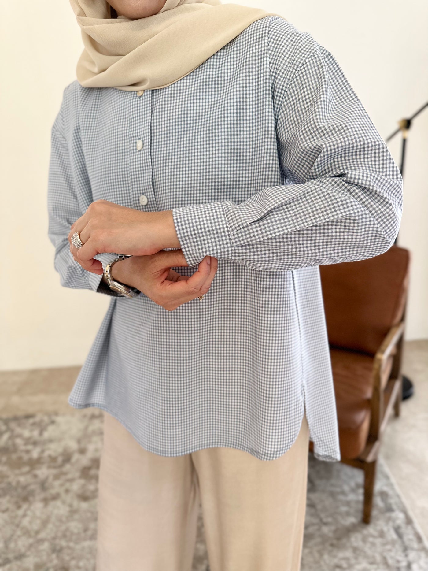ALMA Asymmetric Blouse in Blue Gingham (Top Only)