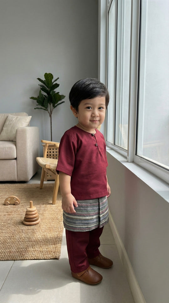 QAID Baby’s Teluk Belanga Baju Melayu Set in Maroon