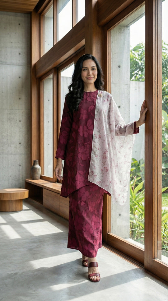 EMBUN Long Kurung Set in Maroon