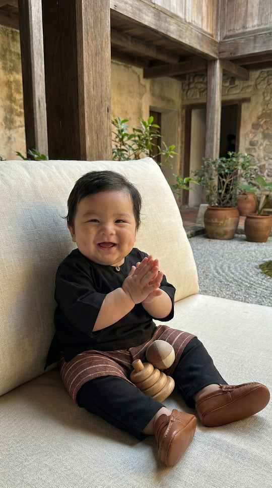 QAID Baby’s Teluk Belanga Baju Melayu Set in Charcoal