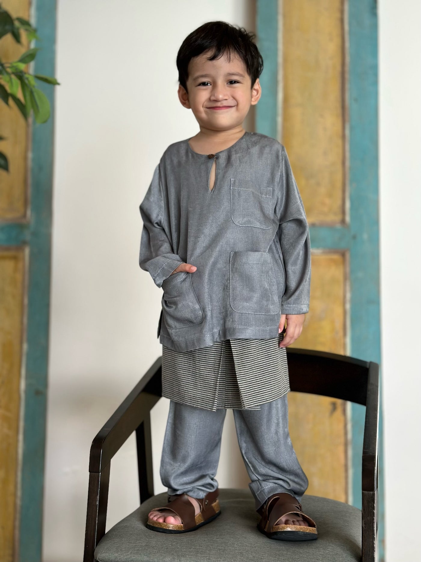 QAID Baby’s Teluk Belanga Baju Melayu Set in Pewter