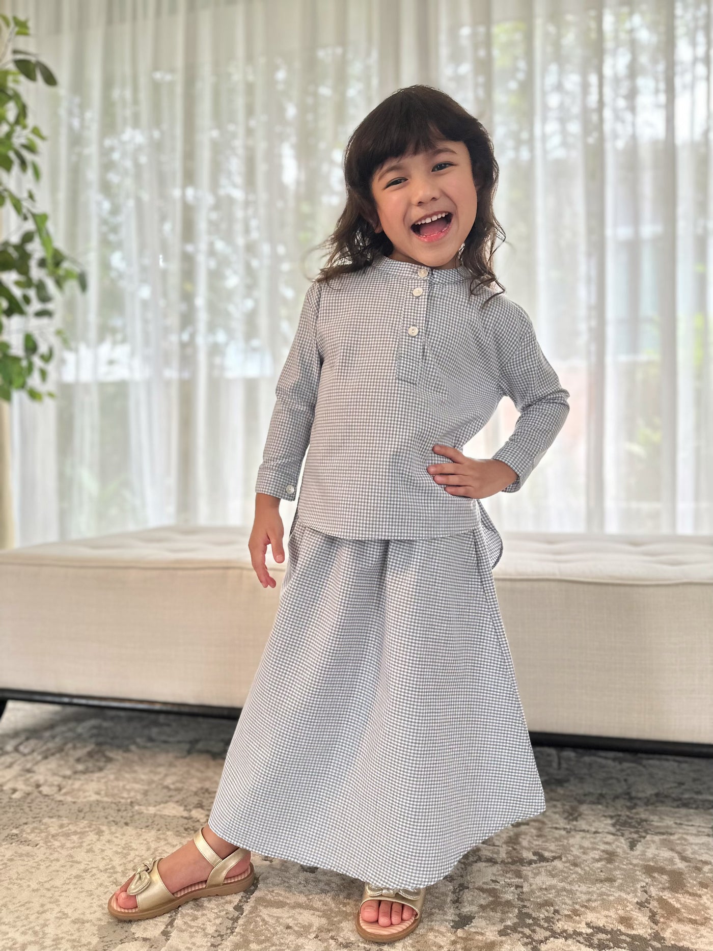 CLAIRE Blouse & Skirt Set in Blue Gingham