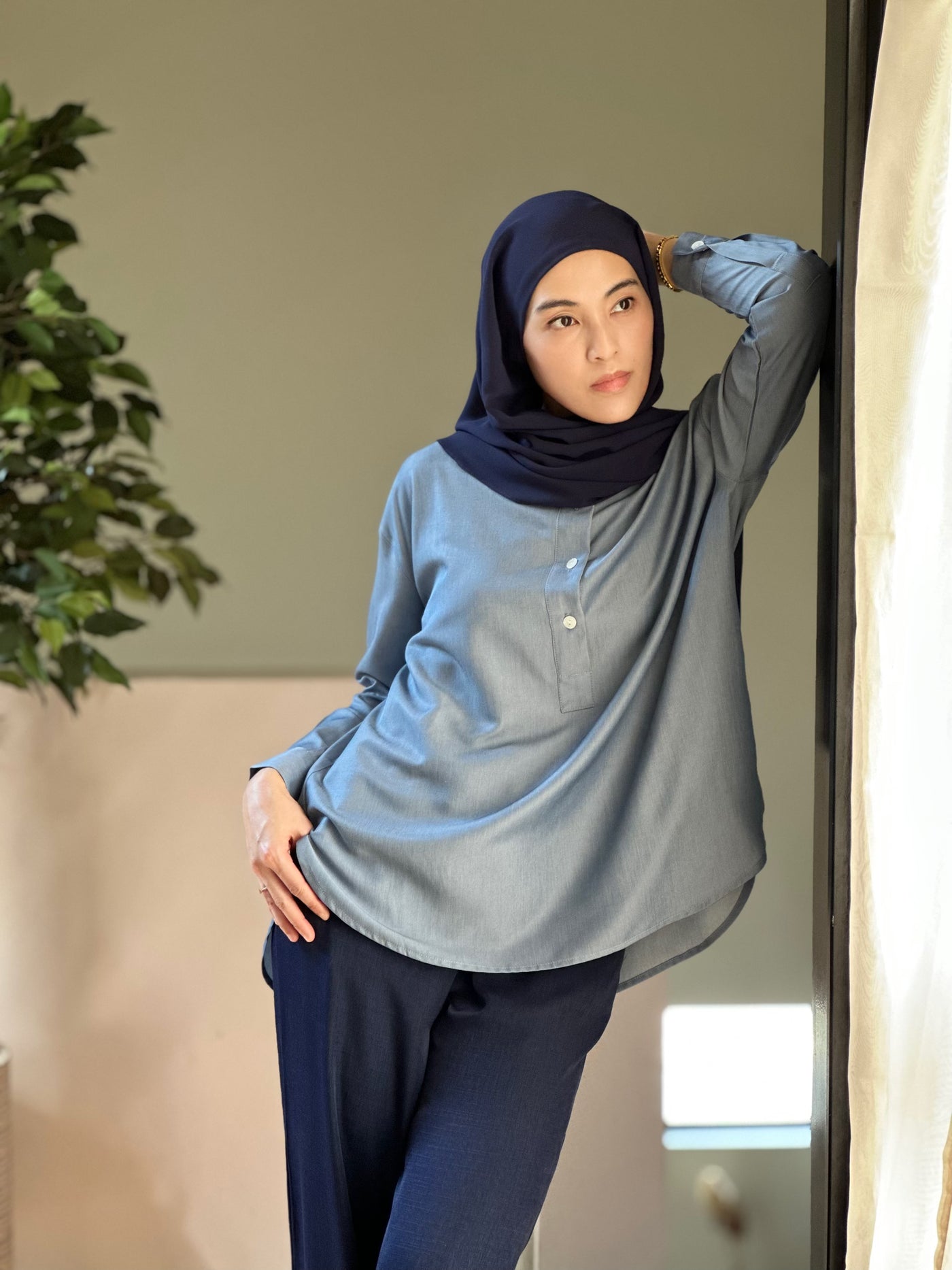 ALMA Asymmetric Blouse in Dusty Blue (Top Only)