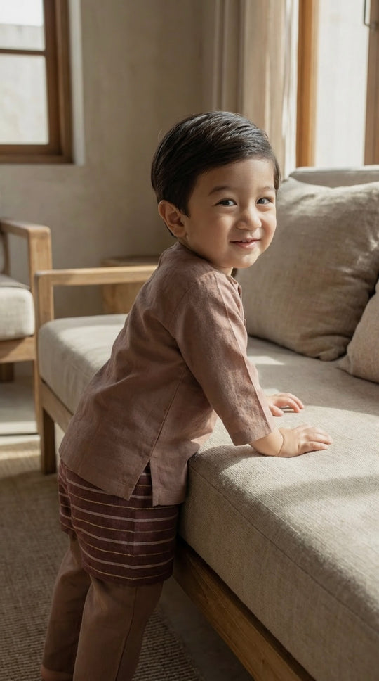 QAID Baby’s Teluk Belanga Baju Melayu Set in Clay Brown