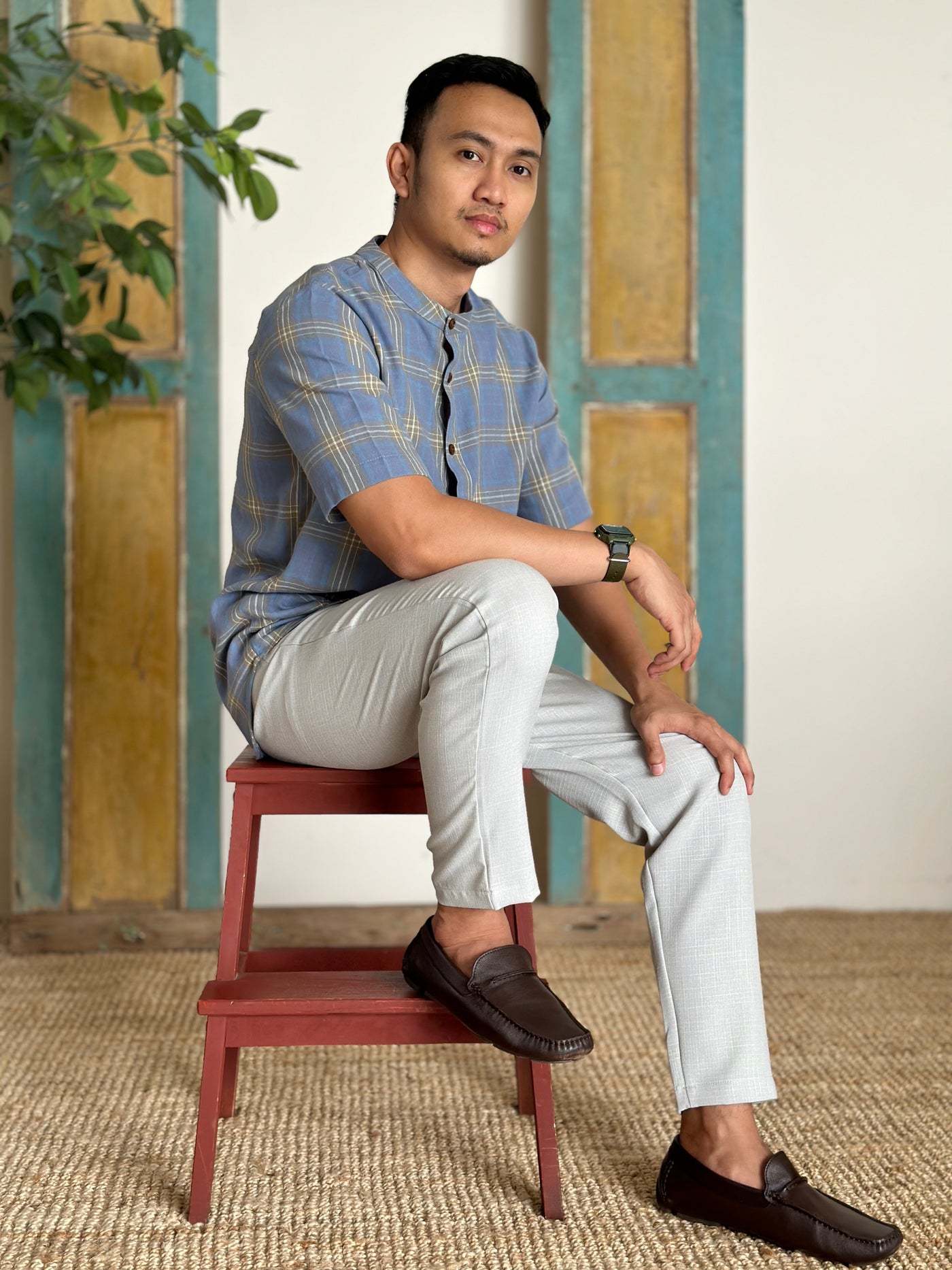 NOLAN Henley Shirt in Blue Tartan
