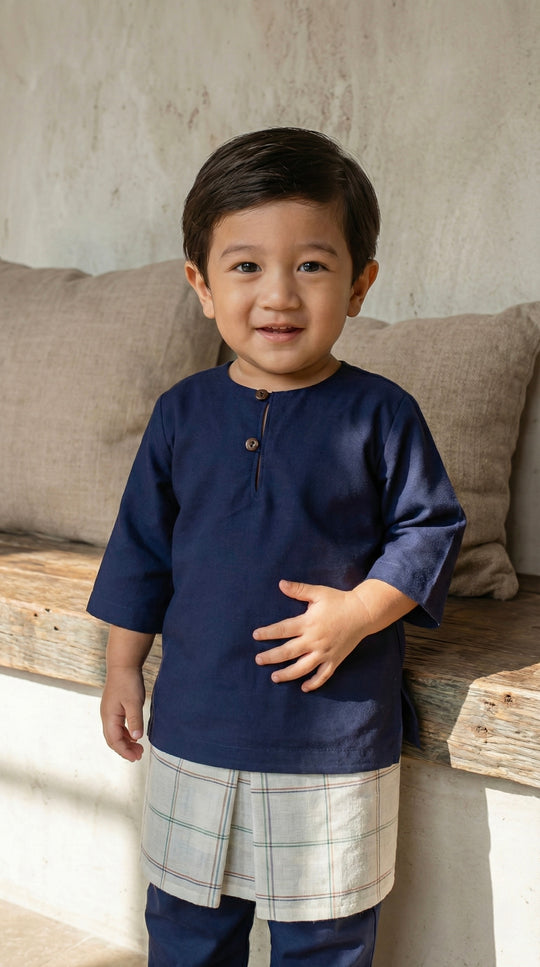 QAID Baby’s Teluk Belanga Baju Melayu Set in Midnight Blue