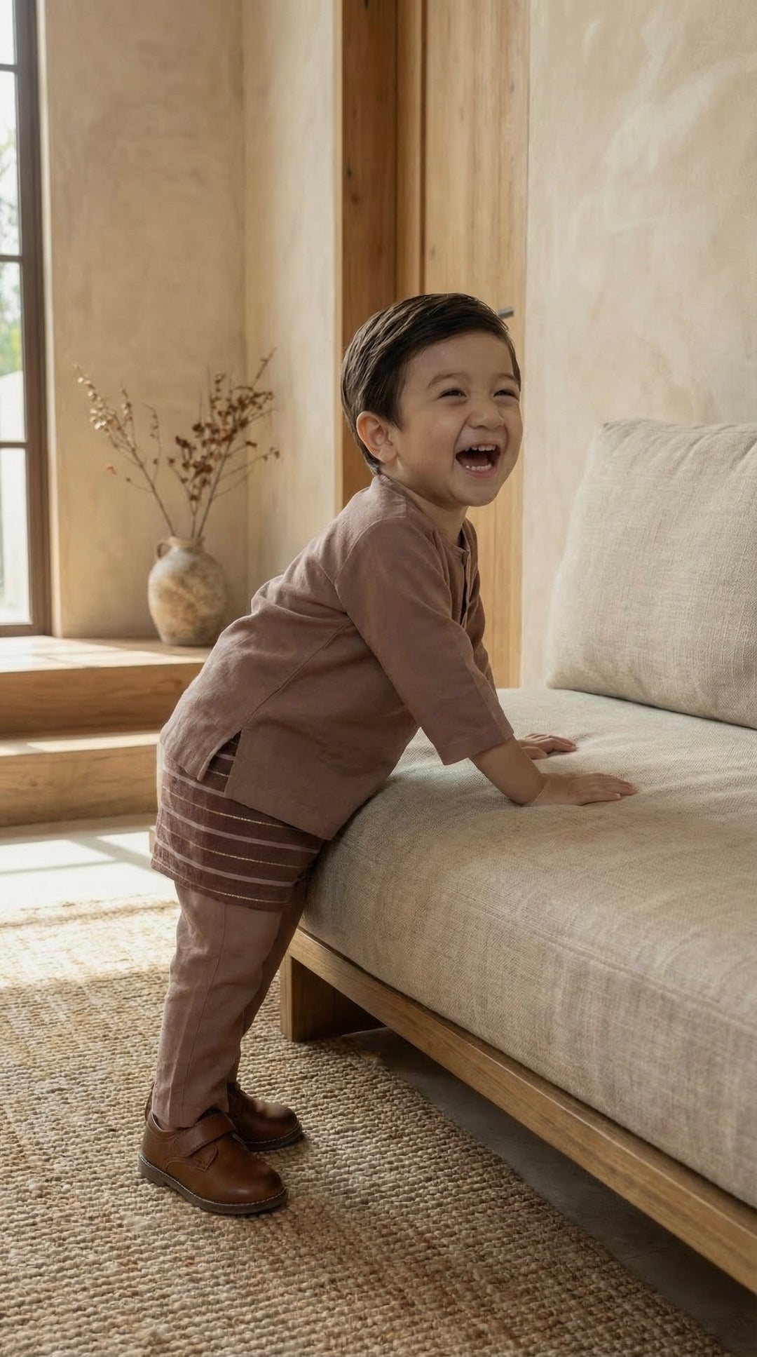 QAID Baby’s Teluk Belanga Baju Melayu Set in Clay Brown