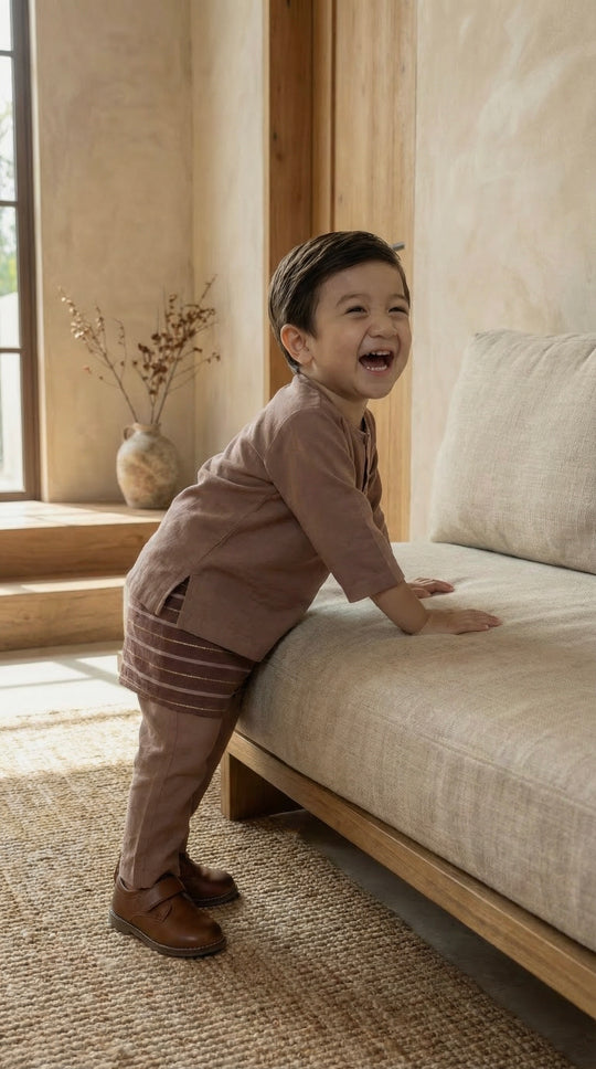 QAID Baby’s Teluk Belanga Baju Melayu Set in Clay Brown