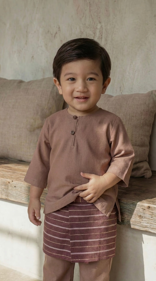 QAID Baby’s Teluk Belanga Baju Melayu Set in Clay Brown