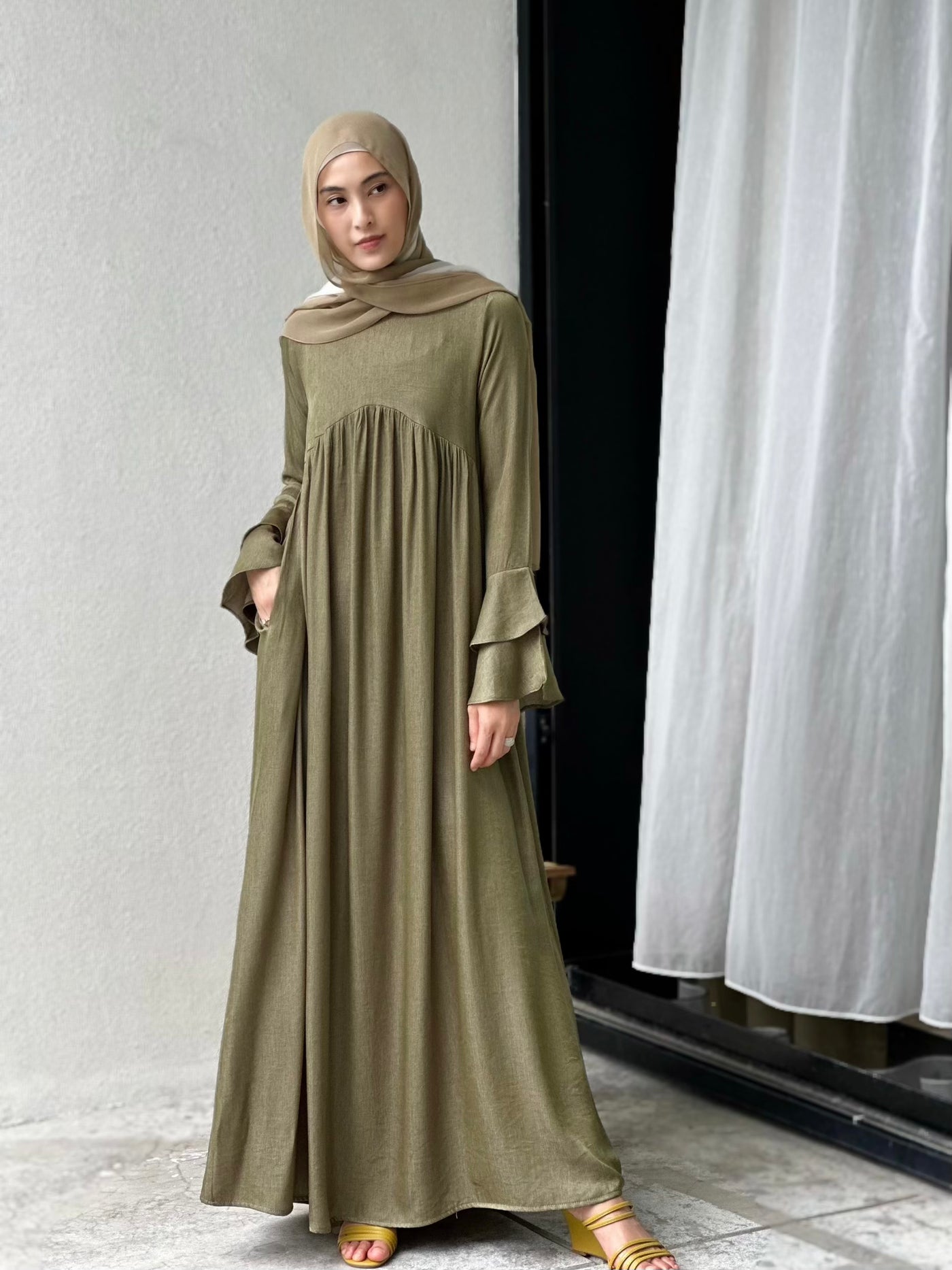 SERENA Flounce Maxi Dress in Mudgreen