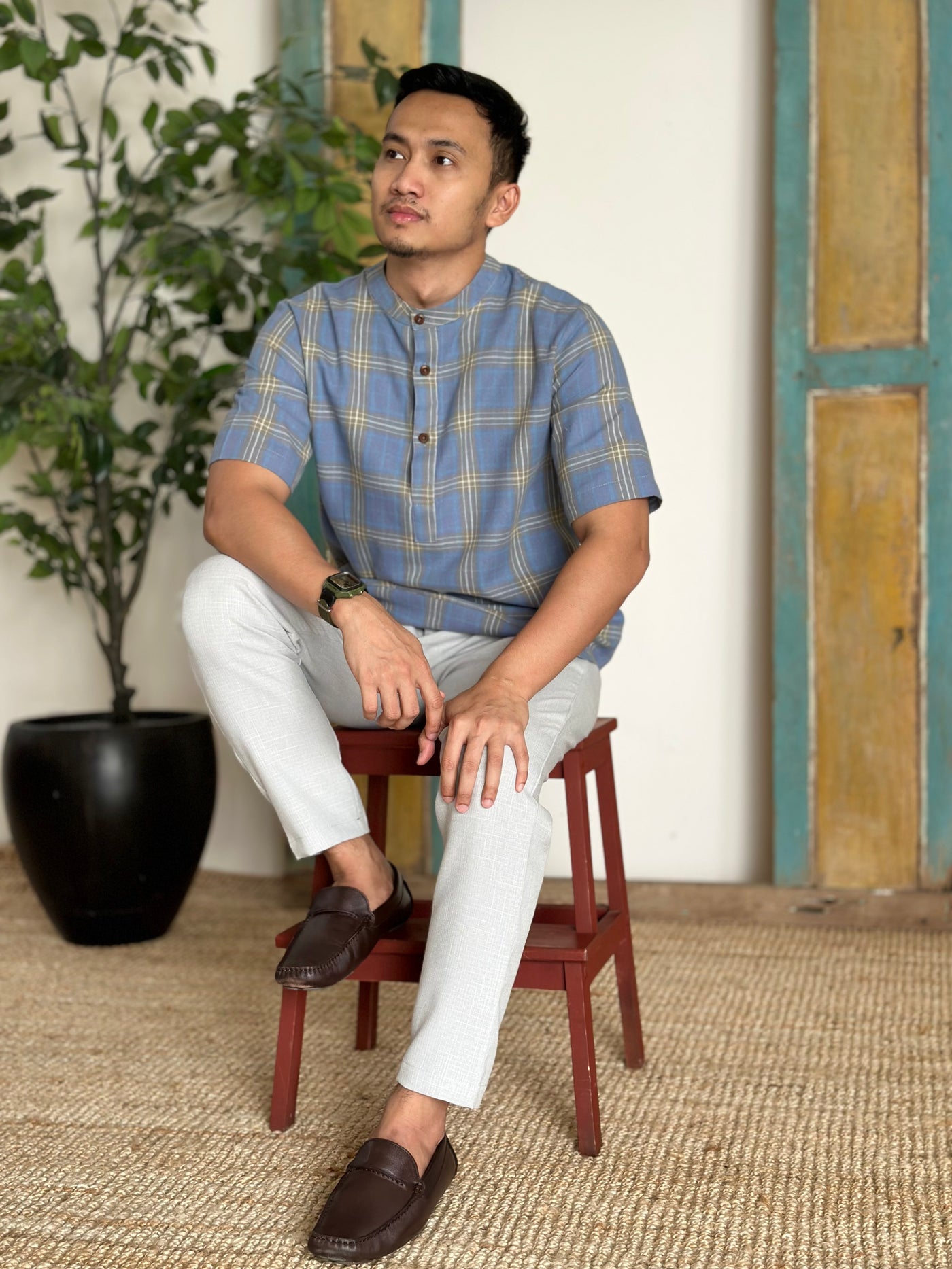 NOLAN Henley Shirt in Blue Tartan