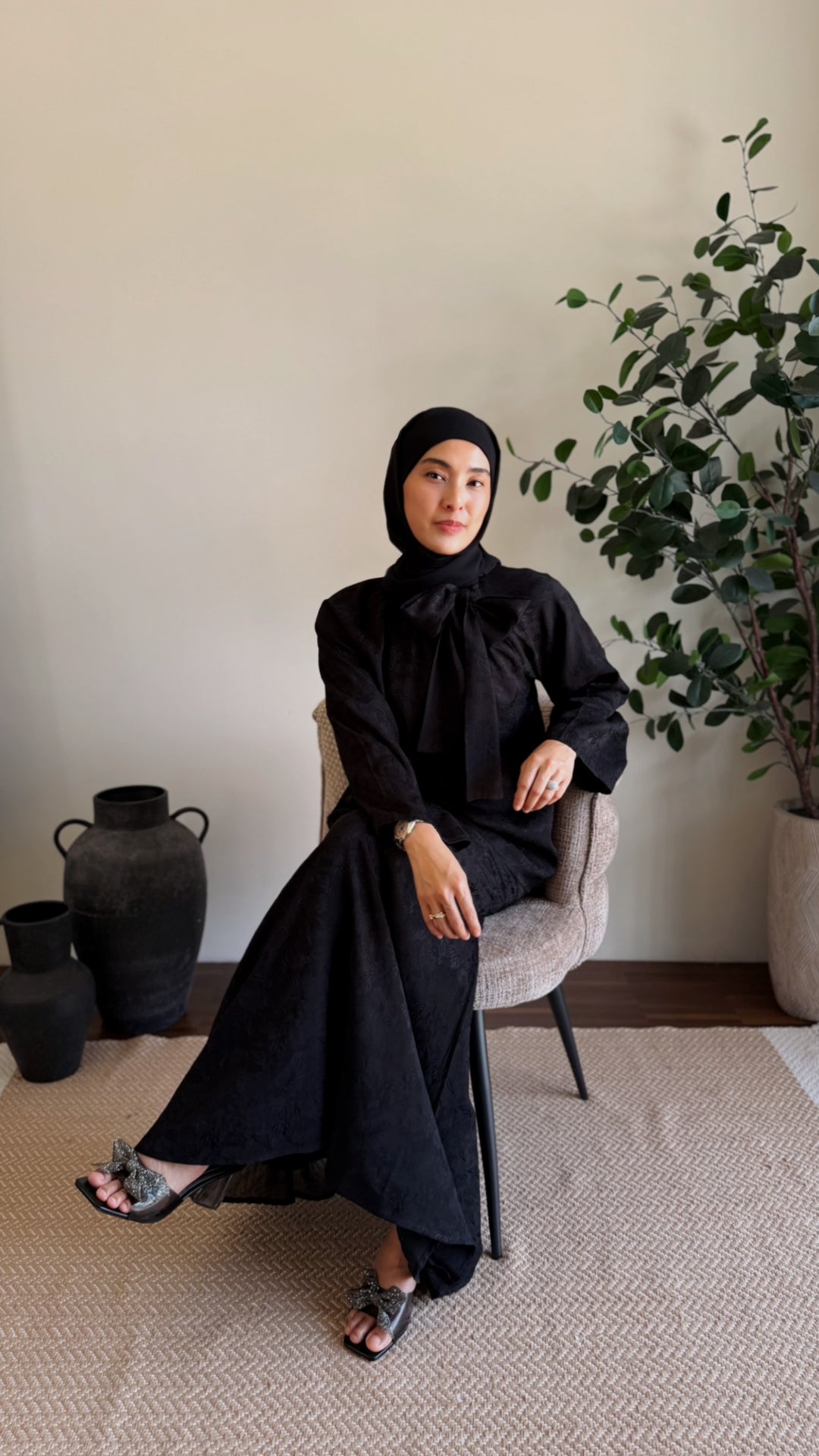 JAMILA Bow-tie Blouse & Skirt Set in Charcoal