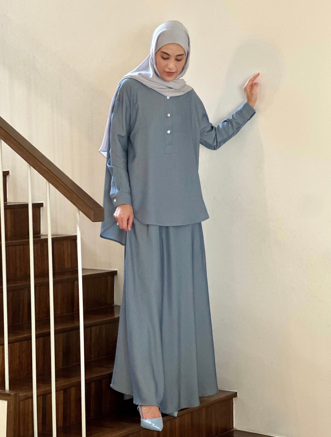 EDEN Flared Maxi Skirt in Dusty Blue