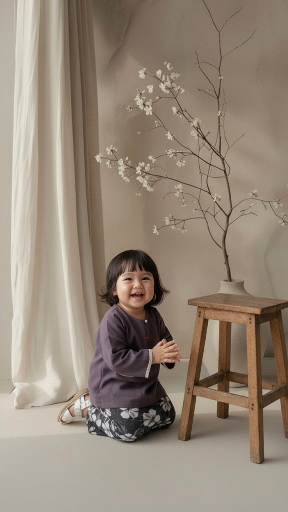 Child sitting on the floor next to a wooden stool with a plant, against a neutral background